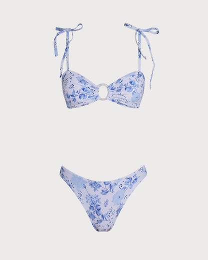 Conjunto de Bikini Triangular con Tirantes de Flores Blancas
