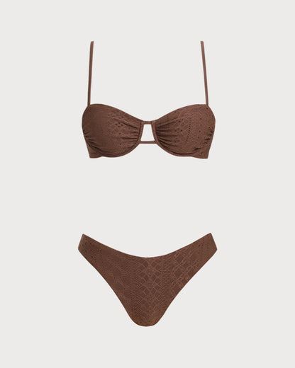 Conjunto de Bikini con Aros Texturizados en Marrón
