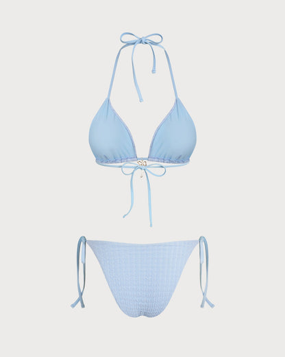 Conjunto de Bikini Triangular con Tirantes y Cordón Azul