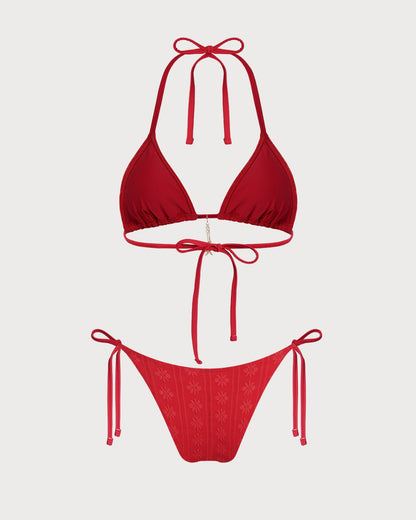Conjunto de Bikini Rojo Jacquard con Tiras Ajustables