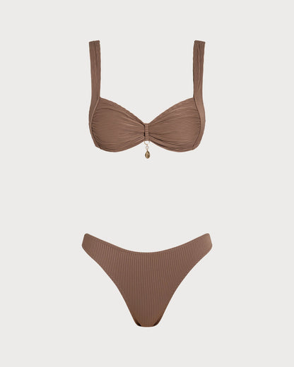 Conjunto de Bikini Triangular a Rayas Marrón