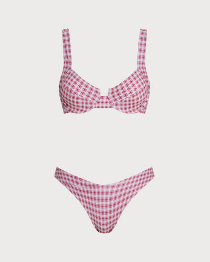 Conjunto de Bikini Rojo a Cuadros con Aros