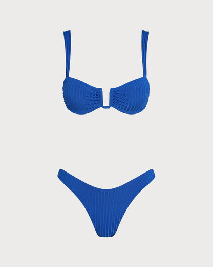 Conjunto de Bikini Triangular Texturizado Azul