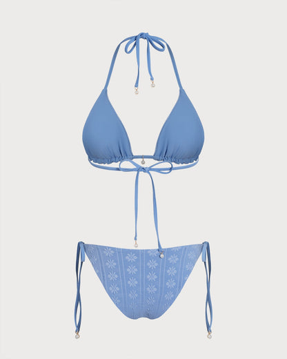 Conjunto de Bikini Reversible Triangular con Halter Azul