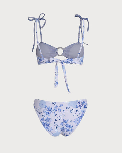 Conjunto de Bikini Triangular con Tirantes de Flores Blancas