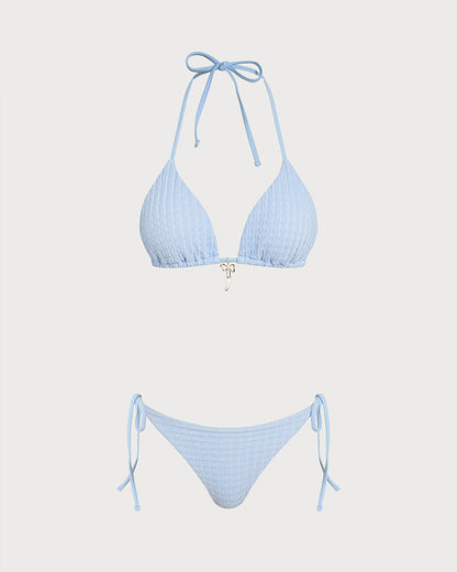 Conjunto de Bikini Triangular con Tirantes y Cordón Azul