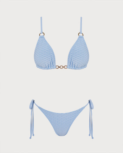Conjunto de Bikini Triangular con O-Ring y Cuello en V Azul