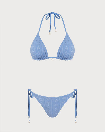 Conjunto de Bikini Reversible Triangular con Halter Azul