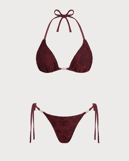 Bikini Texturizado con Halter Color Rojo Ladrillo