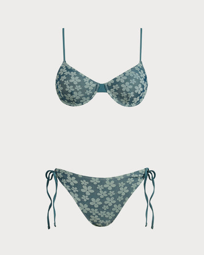 Conjunto de Bikini Verde Floral con Aros