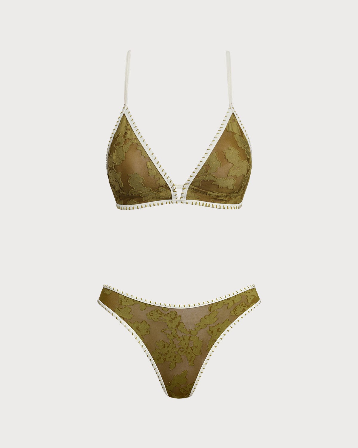 Conjunto de Bikini Triangular con Acolchado y Flores Verdes