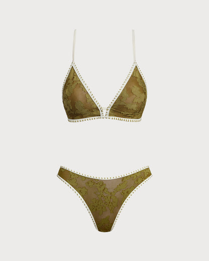 Conjunto de Bikini Triangular con Acolchado y Flores Verdes
