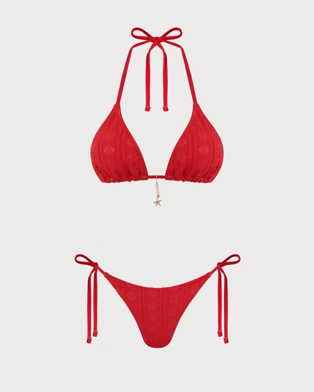 Conjunto de Bikini Rojo Jacquard con Tiras Ajustables