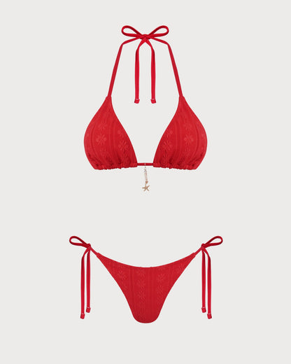 Conjunto de Bikini Rojo Jacquard con Tiras Ajustables