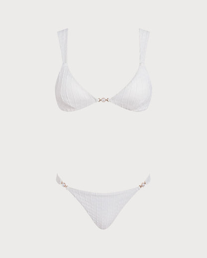 Conjunto de Bikini Texturizado con Bralette de Cuello en V Blanco