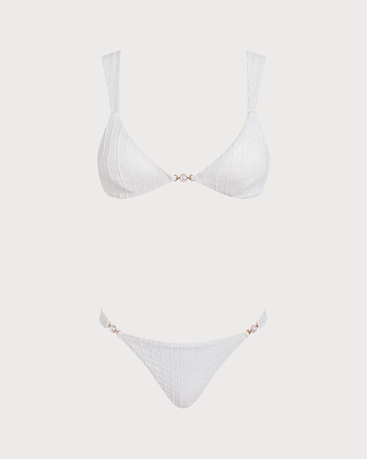 Conjunto de Bikini Texturizado con Bralette de Cuello en V Blanco