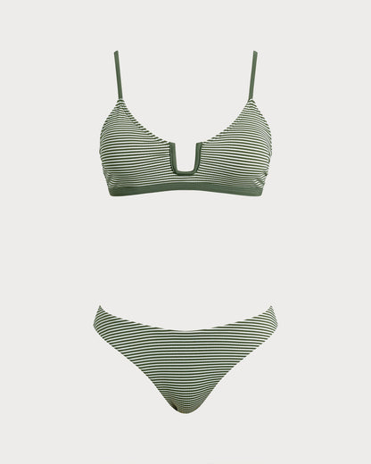 Conjunto de Bikini Bralette a Rayas Verde Militar