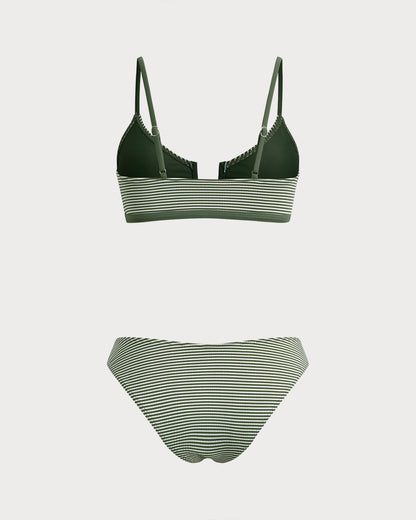 Conjunto de Bikini Bralette a Rayas Verde Militar
