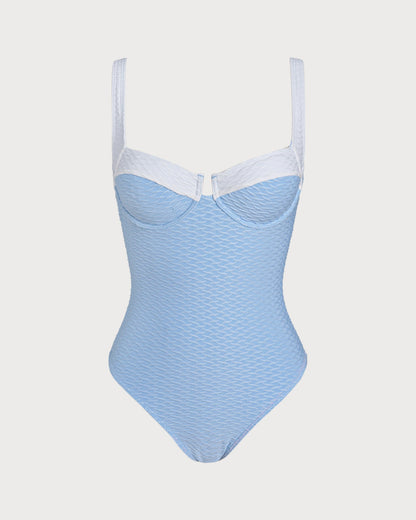 Traje de Baño de Una Pieza con Aros y Textura Azul