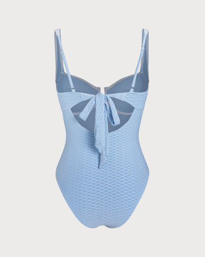 Traje de Baño de Una Pieza con Aros y Textura Azul