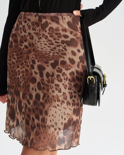 Falda Mini de Cintura Elástica con Estampado de Leopardo Marrón