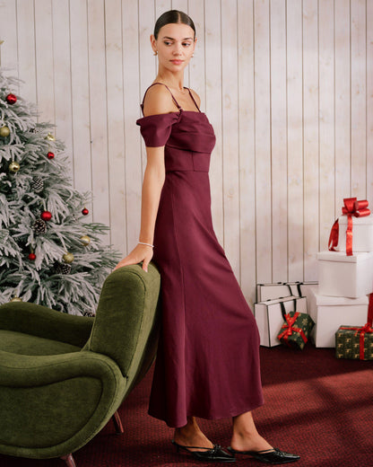 Vestido Maxi Rojo Vino Off The Shoulder