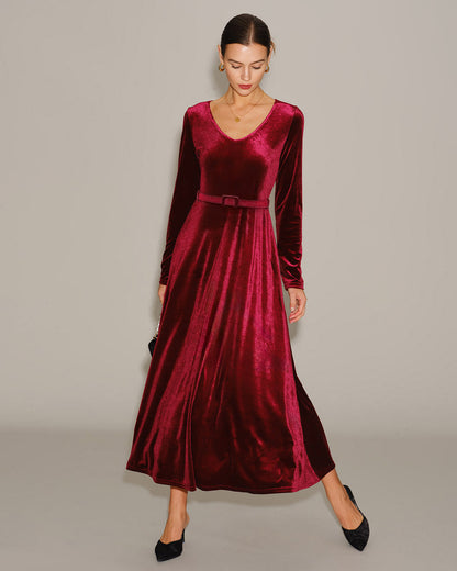 Vestido Maxi de Terciopelo Rojo Vino con Escote en V
