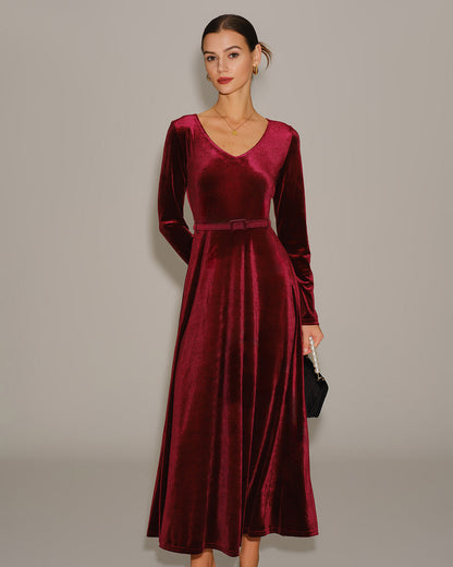 Vestido Maxi de Terciopelo Rojo Vino con Escote en V