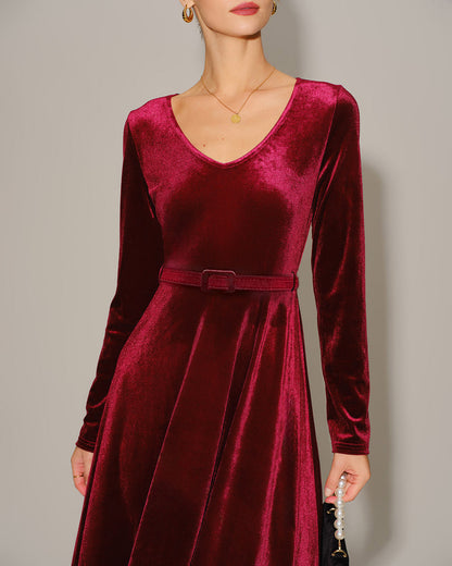 Vestido Maxi de Terciopelo Rojo Vino con Escote en V