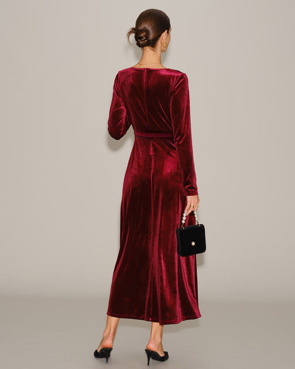 Vestido Maxi de Terciopelo Rojo Vino con Escote en V
