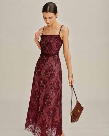 Vestido Maxi de Encaje en Color Rojo Vino