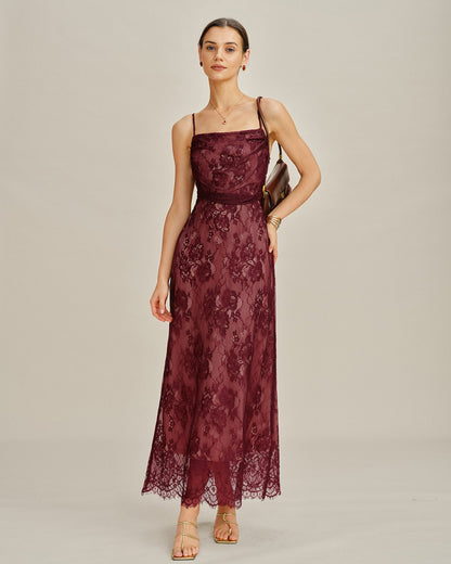 Vestido Maxi de Encaje en Color Rojo Vino