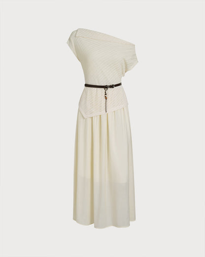 Vestido Midi de Cuello Barco con Cinturón en Albaricoque