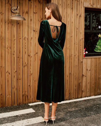 Vestido Midi con Cuello Barco de Terciopelo Verde