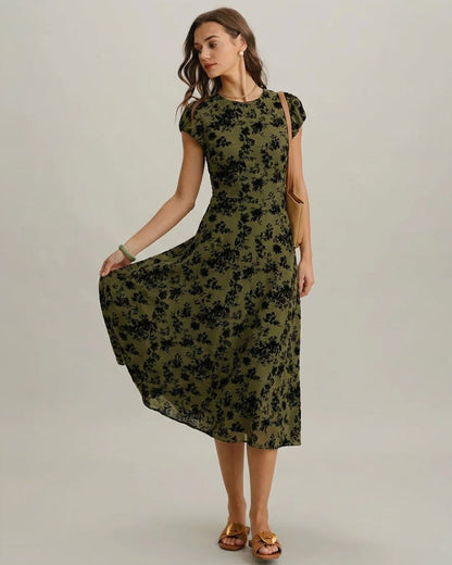 Vestido Midi A-Line de Manga Corta Floral Verde