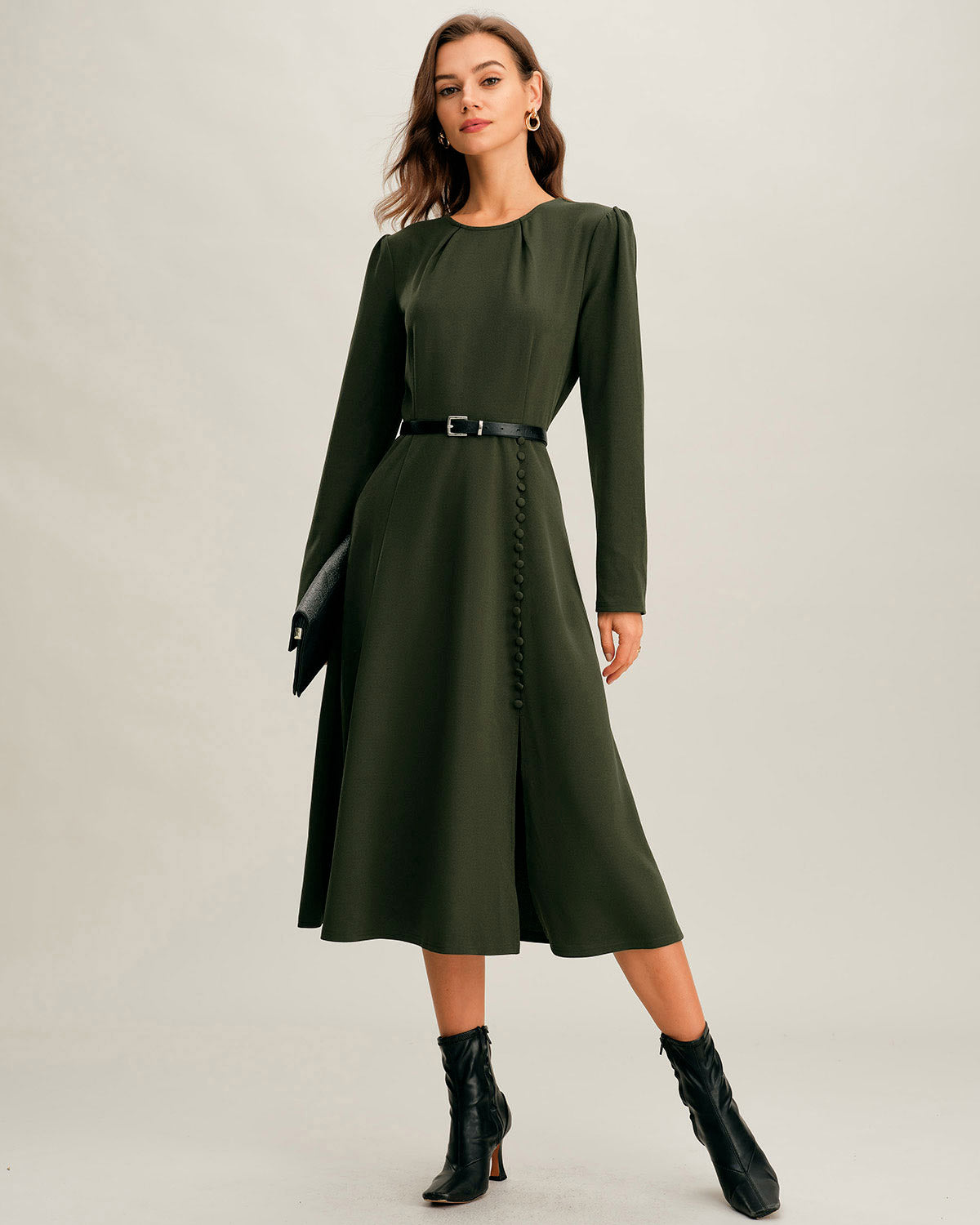 Vestido Midi Verde Con Fruncidos y Abertura