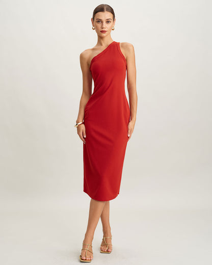 Vestido Midi de Punto Rojo de Un Hombro