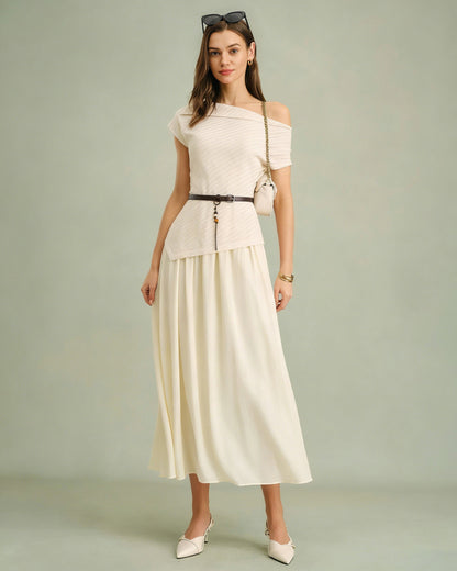 Vestido Midi de Cuello Barco con Cinturón en Albaricoque