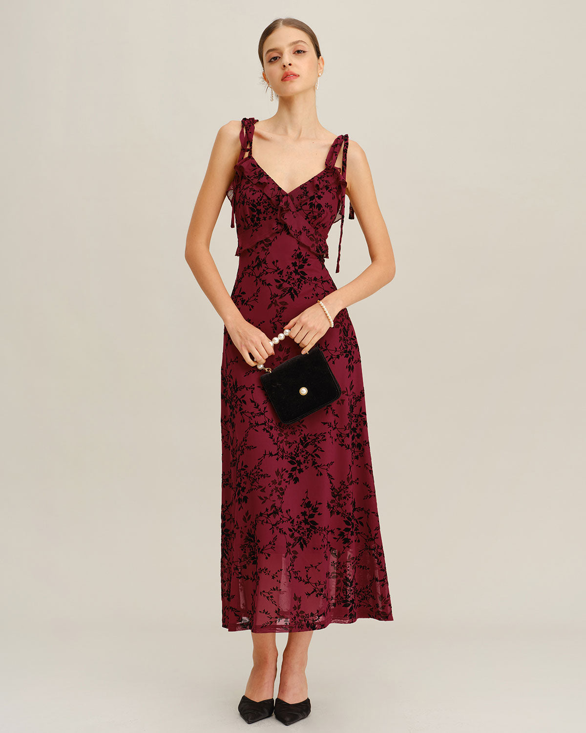 Vestido Midi Rojo con Volantes Florales