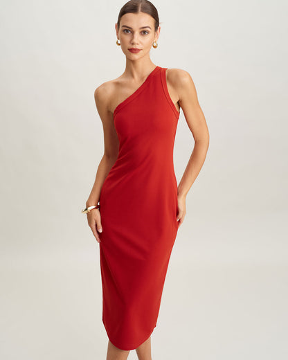 Vestido Midi de Punto Rojo de Un Hombro