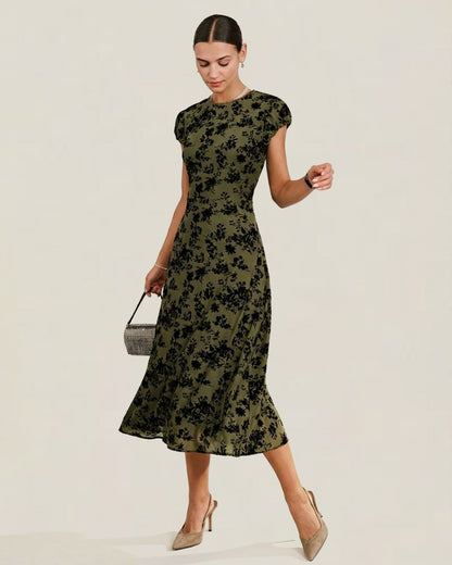 Vestido Midi A-Line de Manga Corta Floral Verde