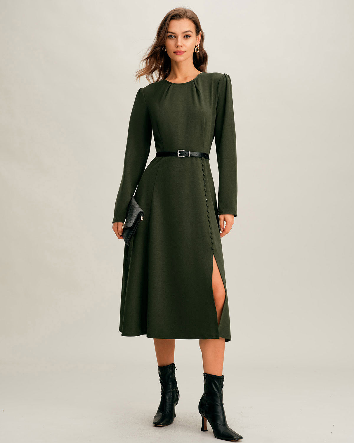 Vestido Midi Verde Con Fruncidos y Abertura