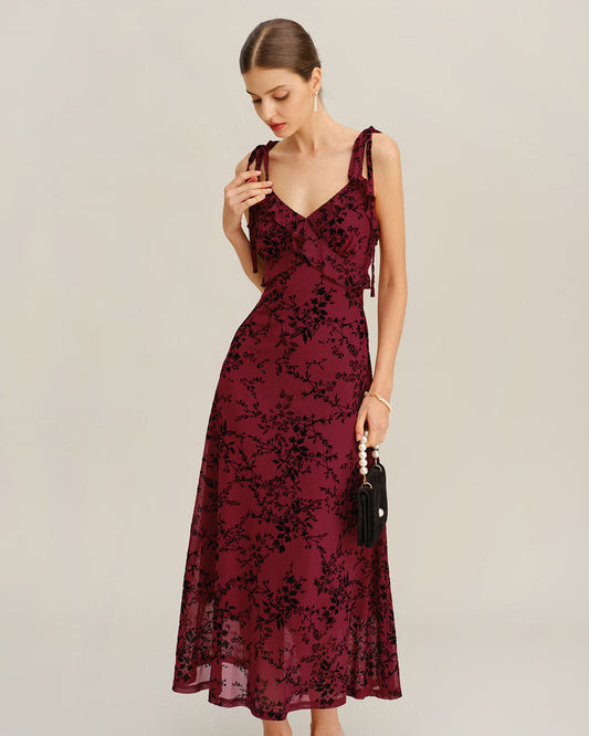 Vestido Midi Rojo Floral con Volantes