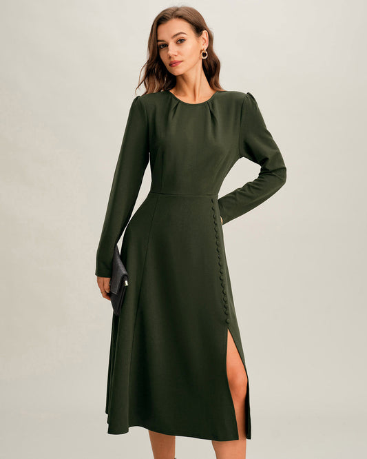 Vestido Midi Verde Con Fruncidos y Abertura