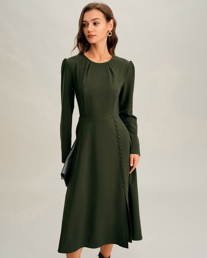 Vestido Midi Verde Con Fruncidos y Abertura