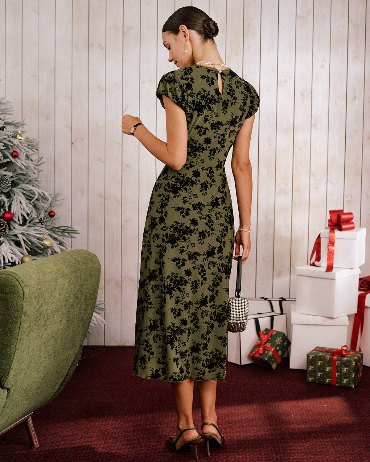 Vestido Midi A-Line de Manga Corta Floral Verde