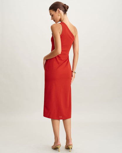 Vestido Midi de Punto Rojo de Un Hombro