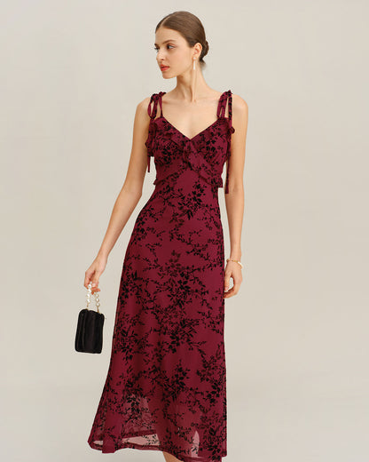 Vestido Midi Rojo Floral con Volantes