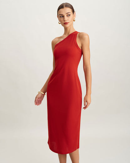 Vestido Midi de Punto Rojo de Un Hombro