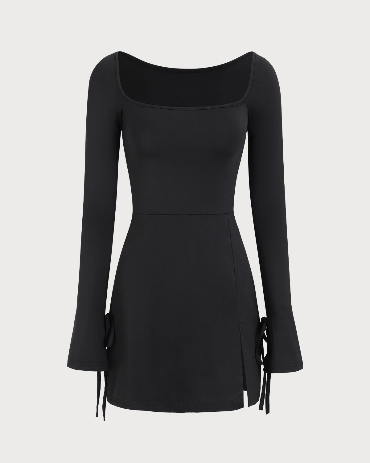 Vestido Mini Negro de Cuello Cuadrado y Manga Larga para Mujeres